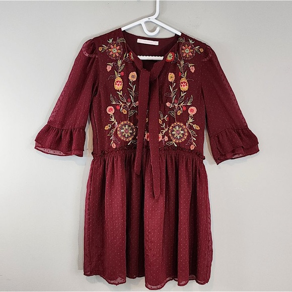 Zara Boho Floral Embroidery Chiffon Dress Sz. Medium - Picture 2 of 11